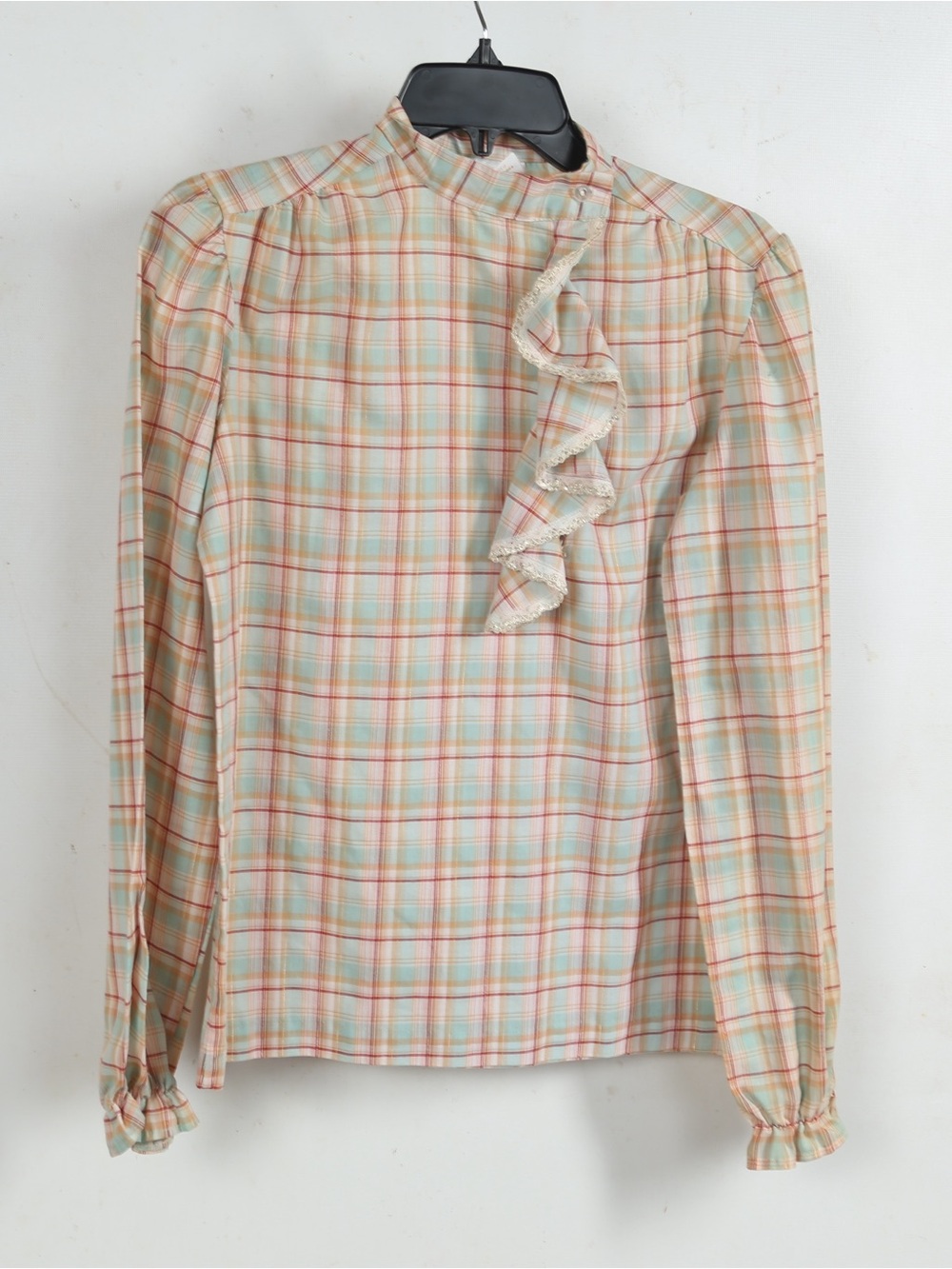 Ruffle-Trim Plaid Long Sleeve Top - Pastel Plaid